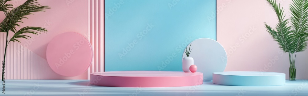 Poster Product podium on a pastel background featuring 3D elements Abstract minimal geometric design Theme for studio display platform Exhibition and marketing presentation stage 3D rendering