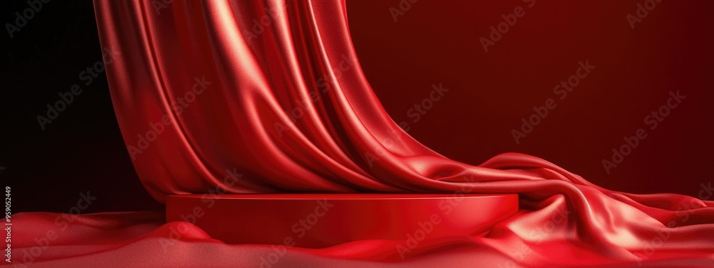 Aufkleber red silky fabric draped over a podium 3d rendering