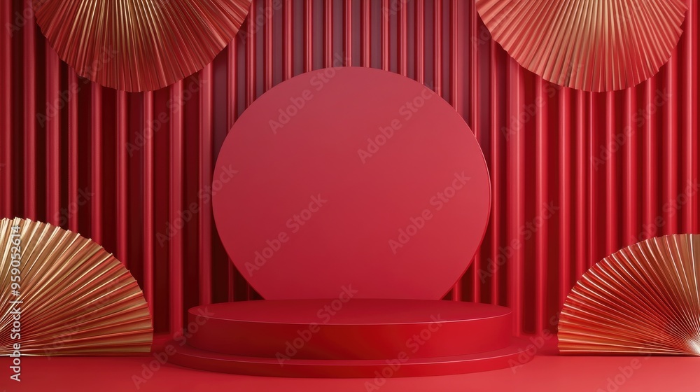 Poster red circular podium with a matching fan backdrop adorned for a festive celebration 3d rendering