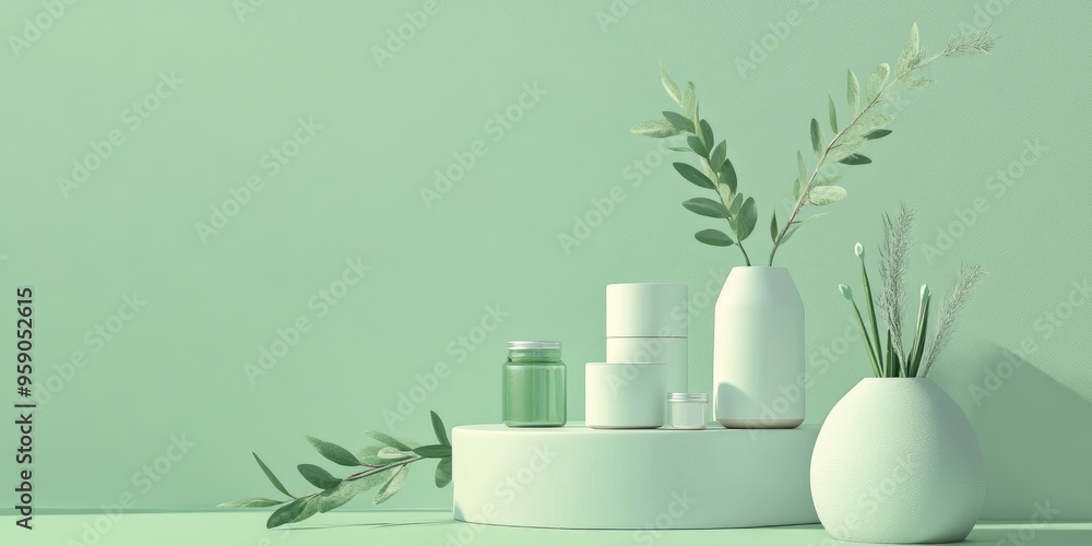 Poster Green mockup for displaying product samples on a pastel light green background 3D rendering