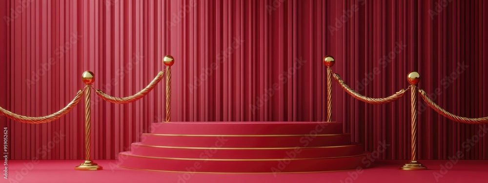 Poster a red podium set against a red pink striped background adorned with gold rope queue stands this illu