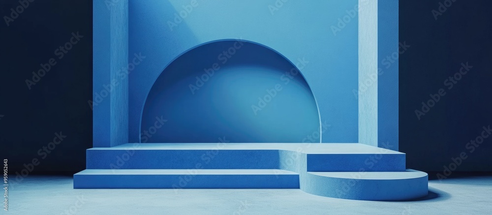 Poster blue podium display mockup for product presentation 3d rendering