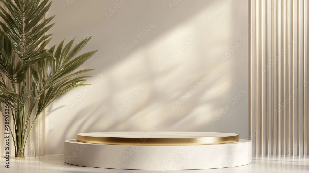 Poster minimalist clean product pedestal with a gold frame and abstract memorial board featuring a blank sp