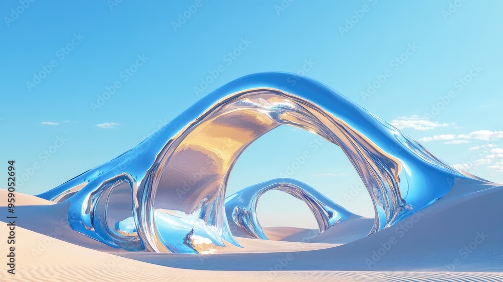 Poster abstract sandy dune cliff featuring metallic arches against a clear blue sky surreal and minimal des