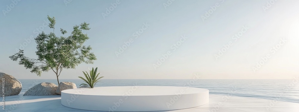 Aufkleber Minimalist white podium for product presentation in a landscape setting created through 3D rendering