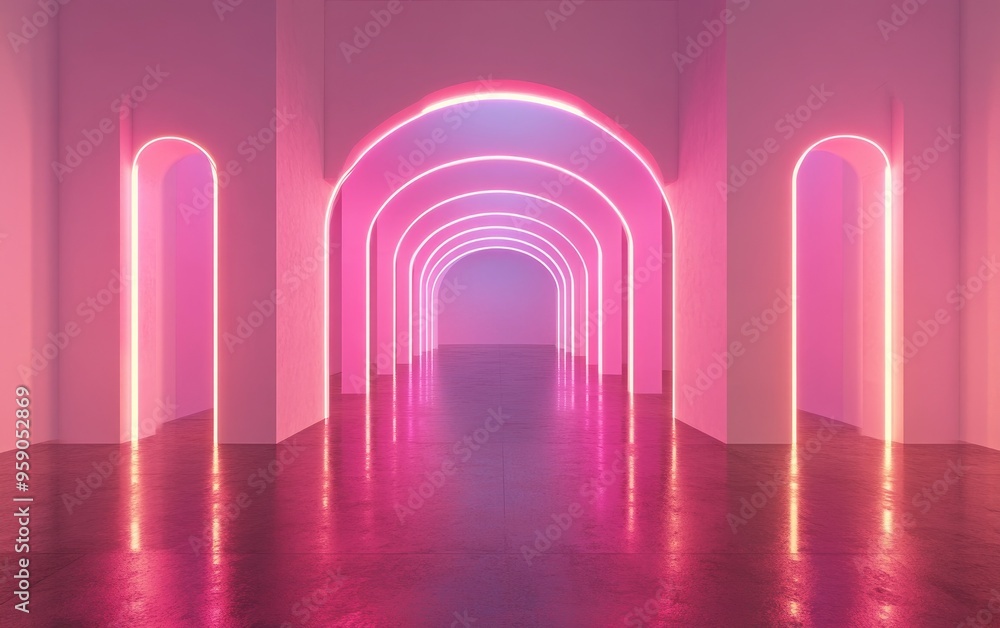 Poster Empty room interior featuring archway openings with ambient lighting 3D rendering