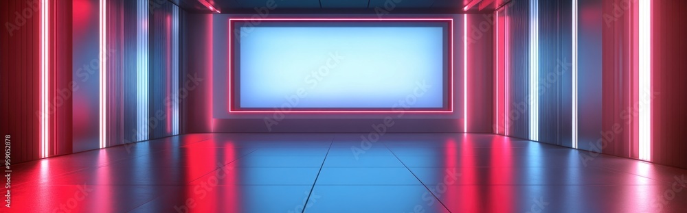 Poster Gray backdrop with LED screen in a news studio setting 3D rendering