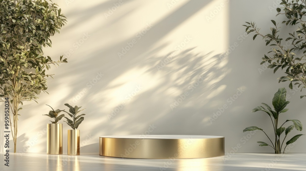 Poster Gold cylinder plant shadows on the wall and podium set against a white background Product display area with a circular platform for showcasing items 3D rendering