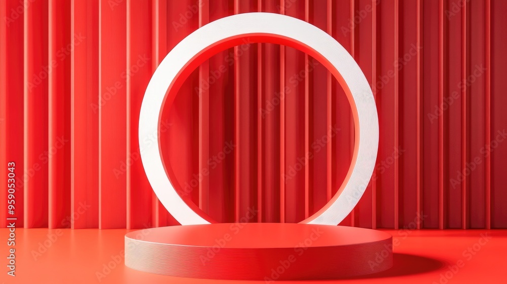 Aufkleber Circular podium on red backdrop geometric design concept 3D rendering and illustration