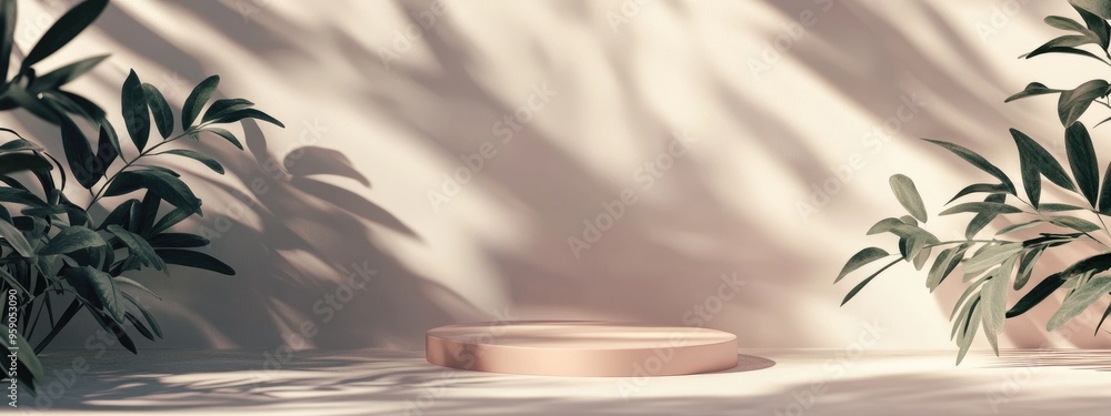 Poster soft pastel background featuring wall shadows 3d render botanical podium casting shadows from foliag
