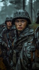 Obraz premium A soldier in a helmet and camouflage uniform stands in a forest with his comrades, looking directly at the camera with a determined expression.