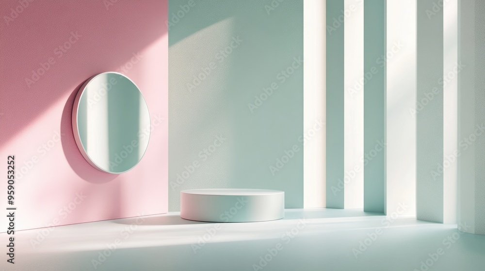 Poster Abstract geometric shapes in pastel colors with a silver minimalistic design 3D rendering