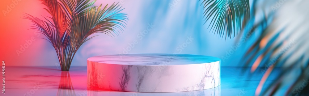 Poster marble podium mockup featuring a white palm leaf against a light backdrop evoking a tropical summer 