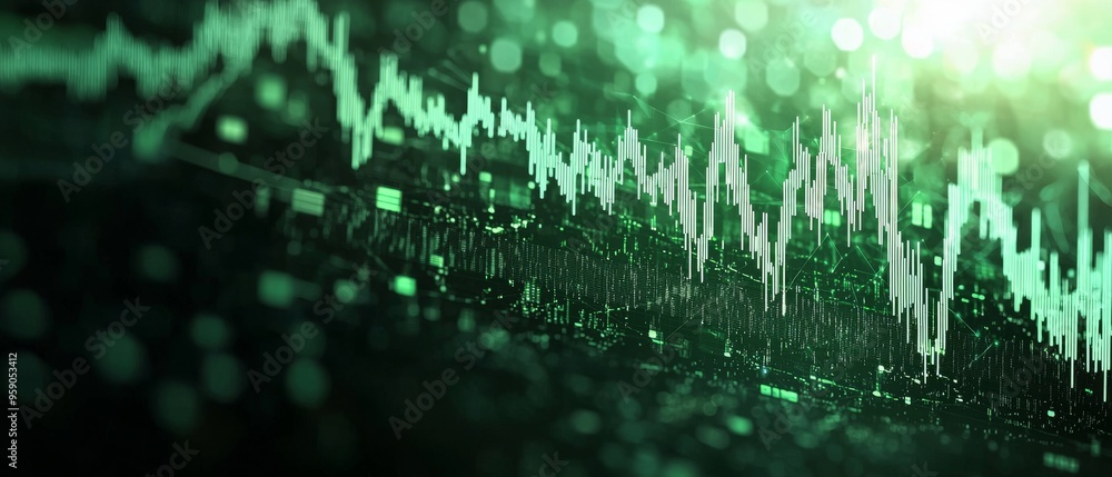 Poster abstract green and white data flow with bokeh effect.