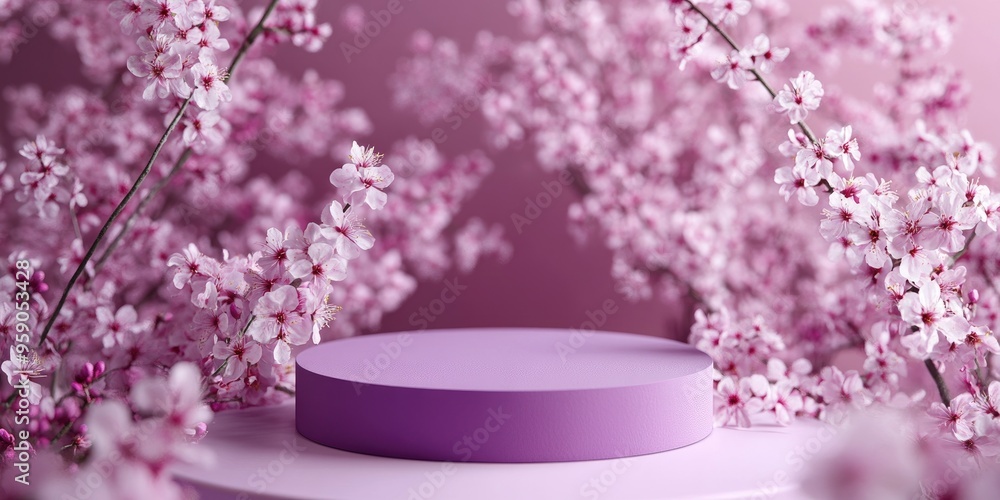 Aufkleber violet podium displayed against a backdrop of cherry blossom flowers ideal for product placement 3d 