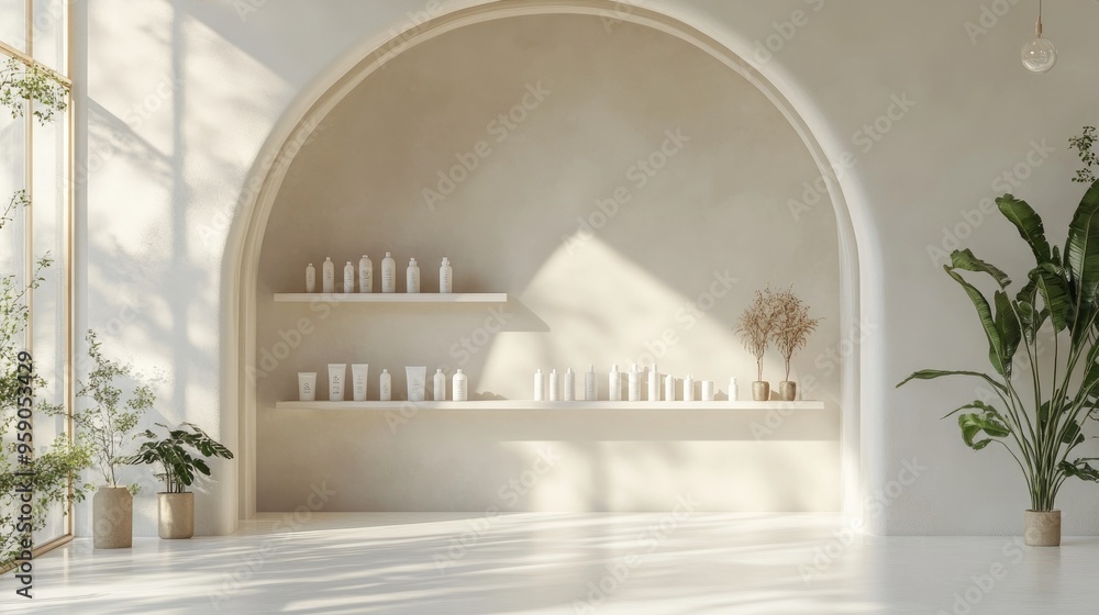 Aufkleber cosmetic display setting with an archway designed for product presentation in a fashion interior 3d 
