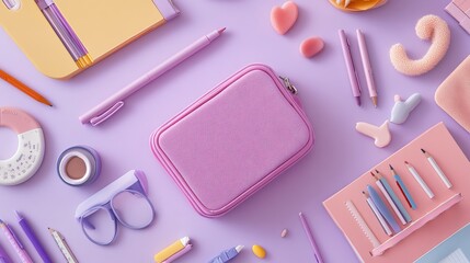 Adorned in a vibrant pink box, these school necessities are ready to make a statement. Pastel purple accents dance across the backdrop, creating a whimsical touch that will spark creativity 