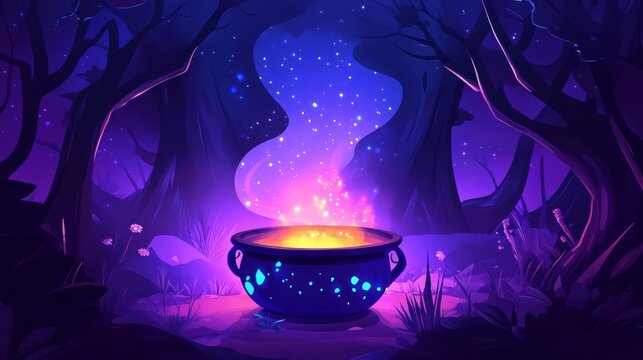 Enchanted cauldron flat design front view mystical theme animation Triadic Color Scheme