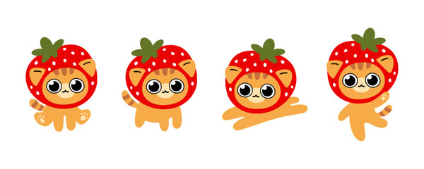 Orange cat illustration set. Vector ginger tabby cat with strawberry hat.