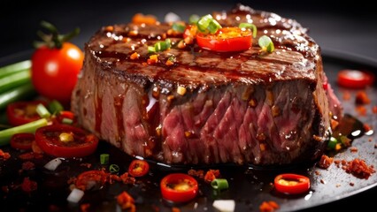 Hearty and juicy grilled beef steak with cheese, tomatoes, green onions, sprinkled with ground chili pepper.
