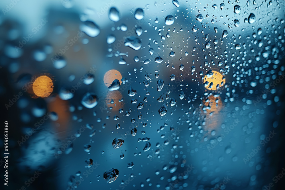 Poster raindrops falling steadily on a windowpane, creating a rhythmic patter. concept of rain's calming ef