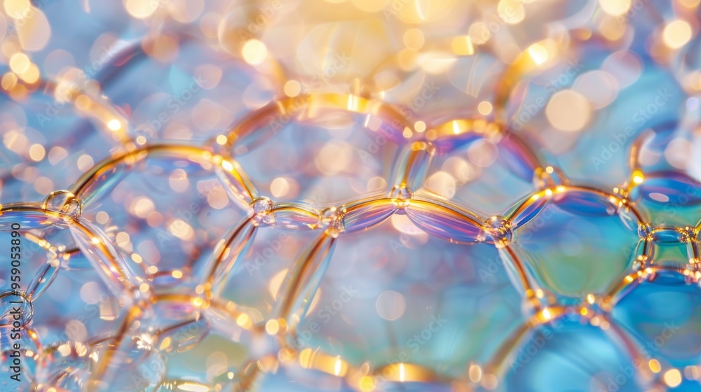 Poster Abstract iridescent bubbles with golden highlights and soft bokeh. Perfect for background or design element.