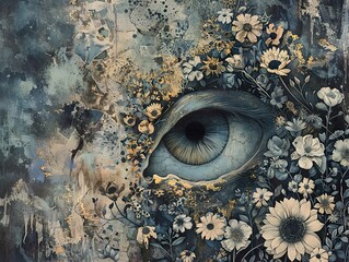 A close-up of a blue eye with white and yellow flowers surrounding it, painted in a watercolor style.