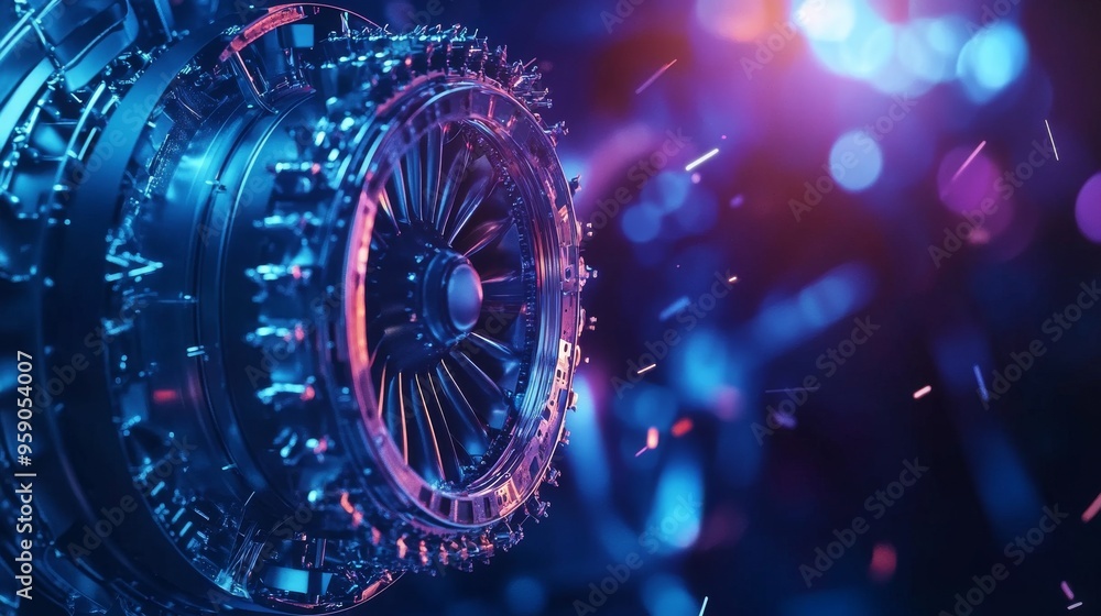 Aufkleber abstract metallic gear with intricate design and colorful bokeh lights.