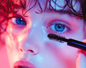 Closeup of an eye with mascara bathed in pink and blue light the subjects hair in the background