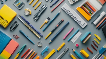 Assortment of school and office supplies arrange on a gray backdrop, symbolizing the start of the academic year. 