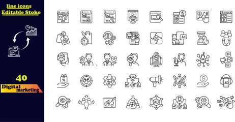 Stroke Icon Set for Digital Marketing. This collection includes icons for SEO, content creation, websites, social media, sales, and online advertising.