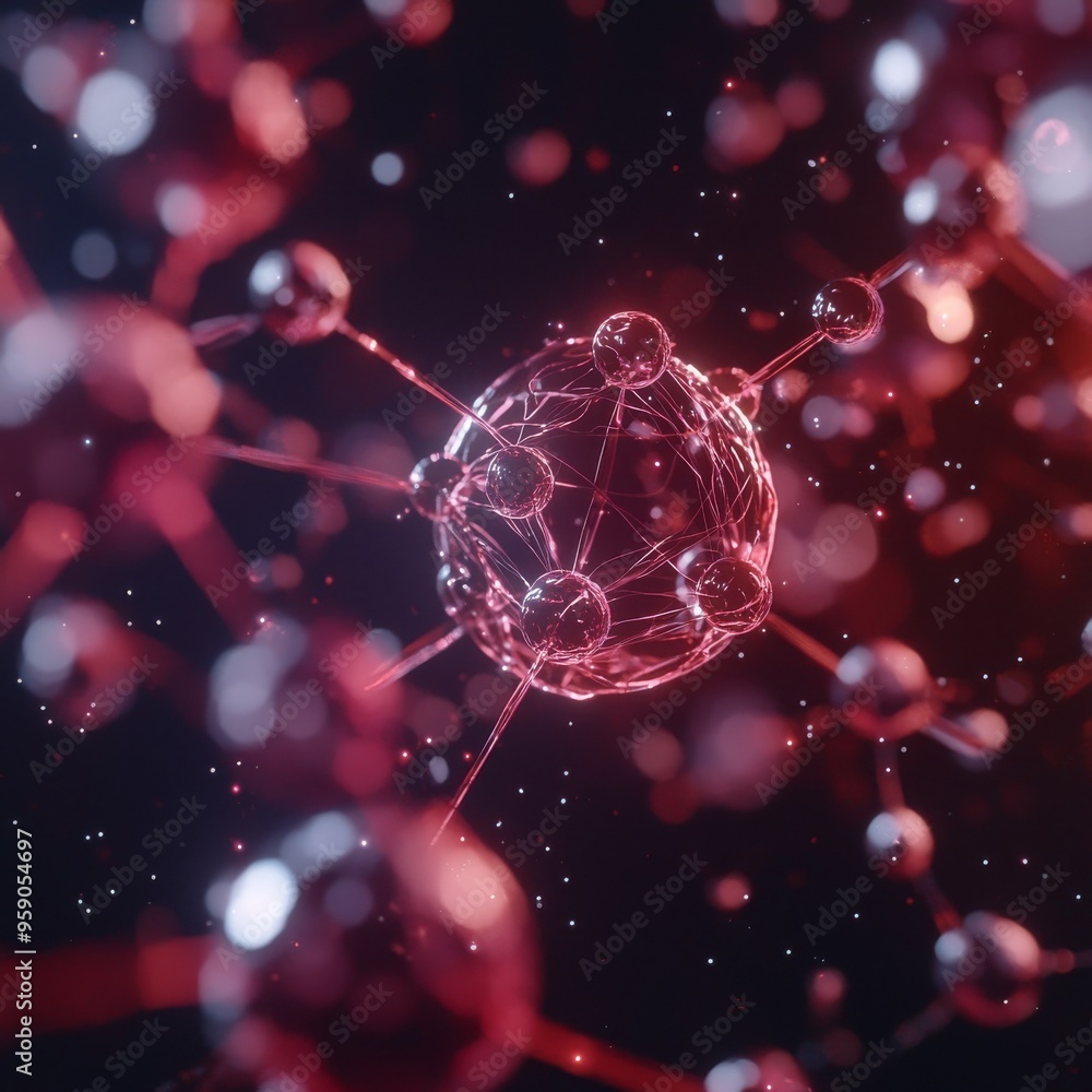 Poster abstract red glowing sphere with connected lines and particles on a dark background.