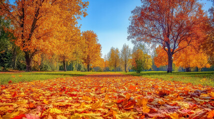 An autumn park with a path covered in a tapestry of fallen leaves, surrounded by trees in brilliant fall colors and a clear blue sky.