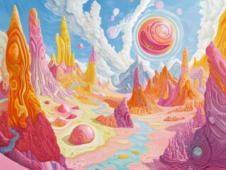 Abstract, vibrant, surreal landscape with colorful mountains, a large planet, and a river winding through the terrain.