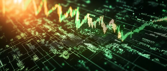 Obraz premium Abstract stock market graph with green lines on a dark background.