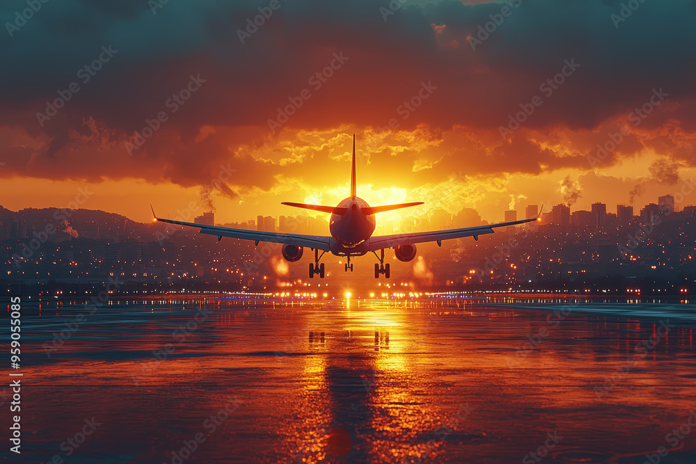 Poster a plane taking off against the backdrop of a sunset, the motion creating a dynamic contrast with the