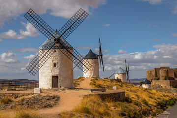 Beautiful exposure of the Windmills of Consuegra at Sunrise located on Castilla-La Mancha, Spain.