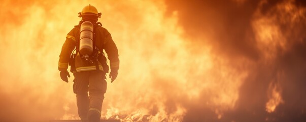 A brave and resilient firefighter ascends the stairs of a burning building. Open flames are burning on the steps.