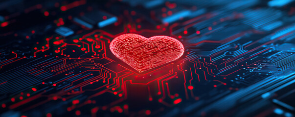 A glowing heart shape integrated with a circuit board design, symbolizing technology and love in a digital age.