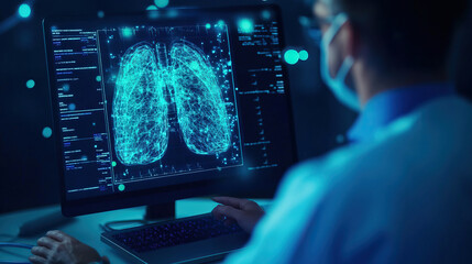 A healthcare professional analyzes lung scans on a computer, showcasing modern medical technology and data visualization.
