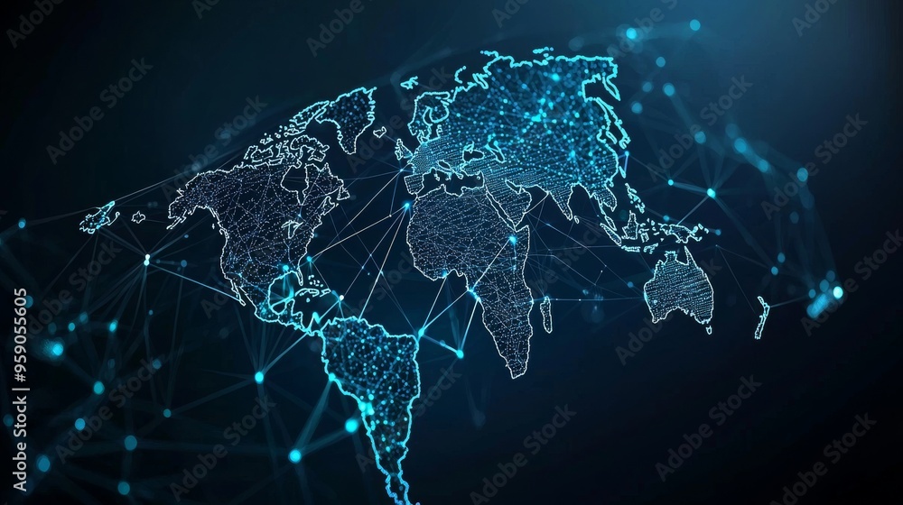 Poster abstract world map with glowing lines and dots, representing global connectivity.