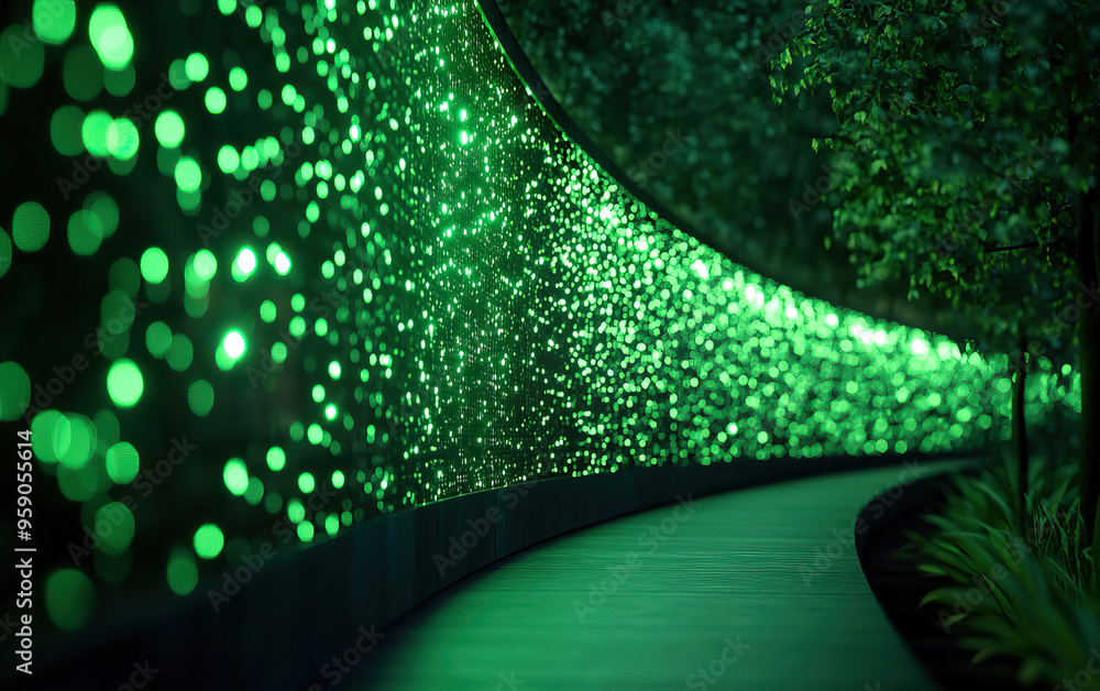 Poster a mesmerizing green-lit pathway surrounded by glowing bokeh effect, perfect for creating an enchante