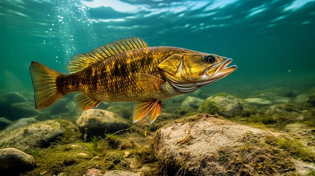A smallmouth bass swimming underwater in the St. Lawrence River.