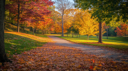 A picturesque autumn park with trees in full color, a blanket of fallen leaves on the ground, and a walking trail inviting exploration.