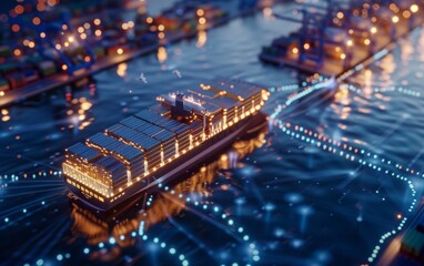 Aerial view of a cargo ship docked at a bustling harbor at night, illuminated by bright lights.