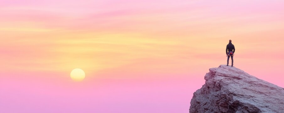 A rock climber enjoys the sunset as he eventually reaches the top of the cliff.