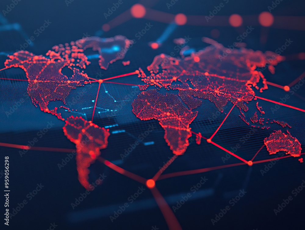 Poster a vibrant digital map in red tones, showcasing a global network of connected nodes and lines, symbol