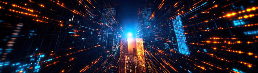 Fototapeta premium A vibrant cityscape with neon lights and abstract patterns, showcasing the dynamic energy of a modern urban environment.