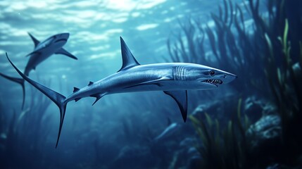 Obraz premium Thresher sharks are meat-eaters, mainly hunting small fish and squid. They use their long tails to gather their prey before attacking with their jaws. 