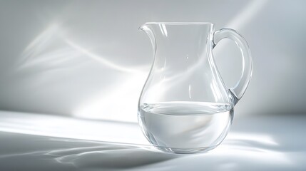 Minimalist Water Jug: A transparent, glass water jug with a clean, simple design, placed on a white background with subtle light reflections.

